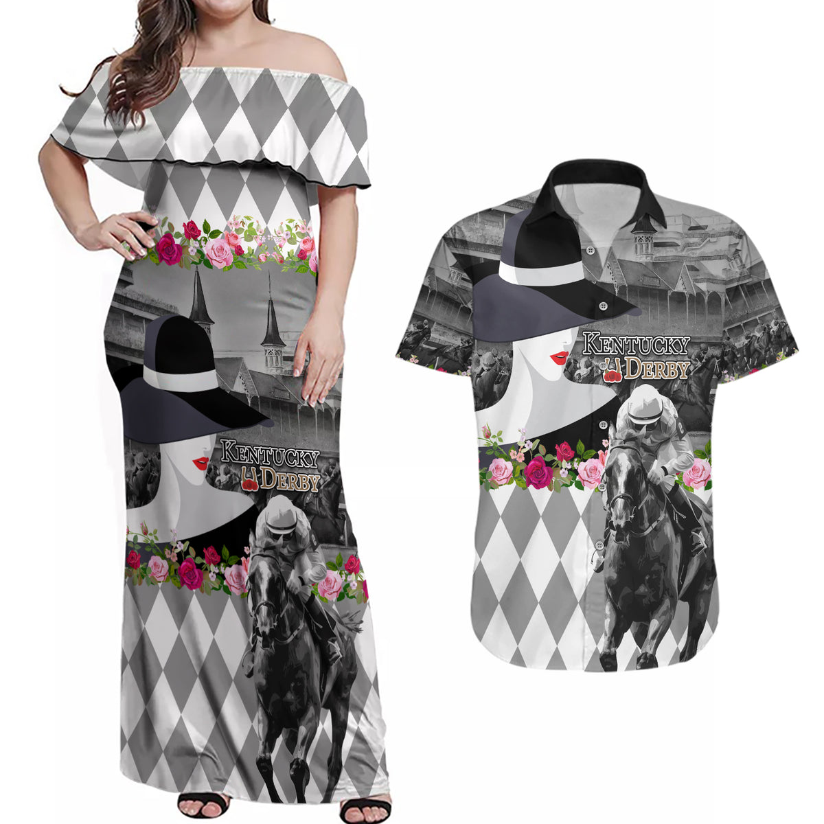 Kentucky Racing Horses Derby Hat Lady Couples Matching Off Shoulder Maxi Dress and Hawaiian Shirt Churchill Downs and Roses Grayscale - Wonder Print Shop
