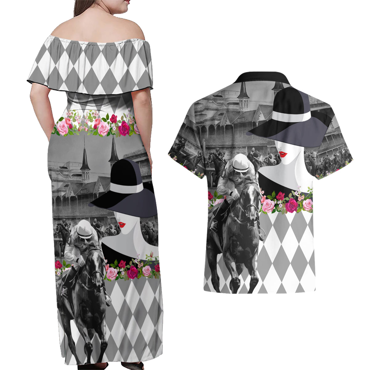 Kentucky Racing Horses Derby Hat Lady Couples Matching Off Shoulder Maxi Dress and Hawaiian Shirt Churchill Downs and Roses Grayscale - Wonder Print Shop