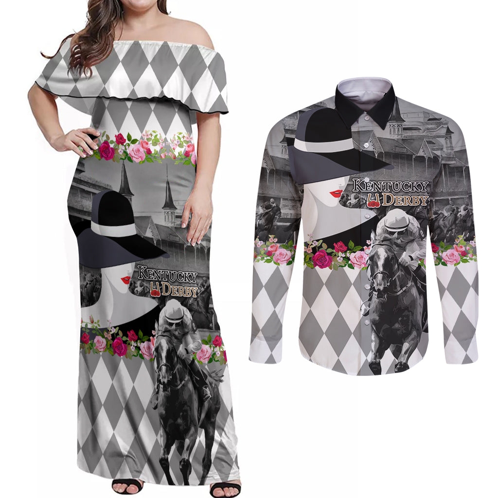 Kentucky Racing Horses Derby Hat Lady Couples Matching Off Shoulder Maxi Dress and Long Sleeve Button Shirt Churchill Downs and Roses Grayscale - Wonder Print Shop