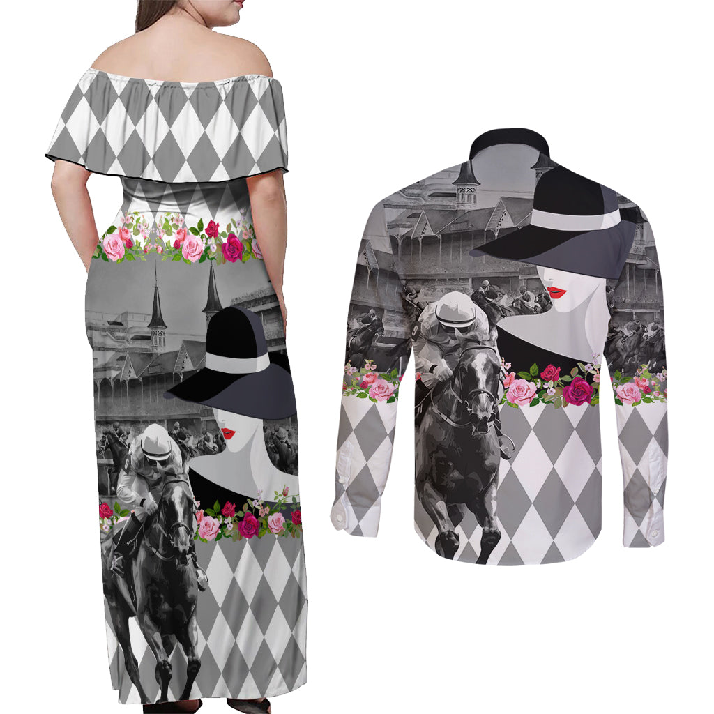 Kentucky Racing Horses Derby Hat Lady Couples Matching Off Shoulder Maxi Dress and Long Sleeve Button Shirt Churchill Downs and Roses Grayscale - Wonder Print Shop