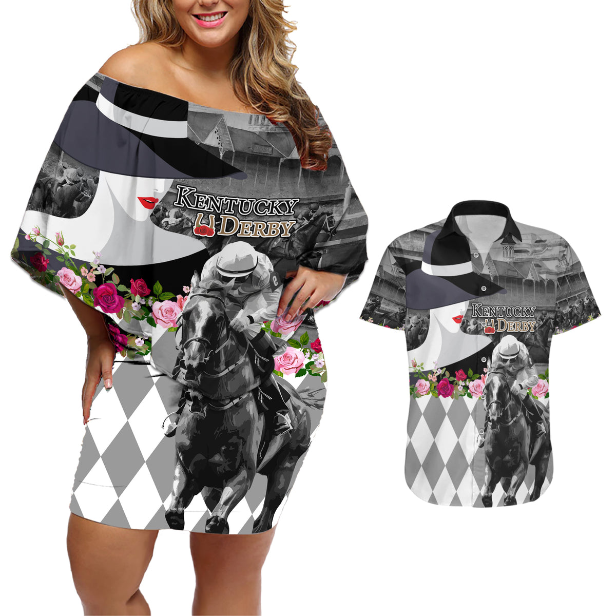 Kentucky Racing Horses Derby Hat Lady Couples Matching Off Shoulder Short Dress and Hawaiian Shirt Churchill Downs and Roses Grayscale - Wonder Print Shop