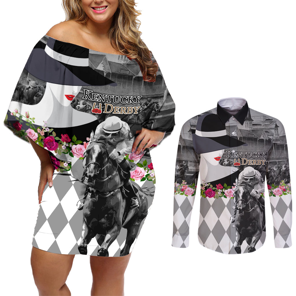 Kentucky Racing Horses Derby Hat Lady Couples Matching Off Shoulder Short Dress and Long Sleeve Button Shirt Churchill Downs and Roses Grayscale - Wonder Print Shop