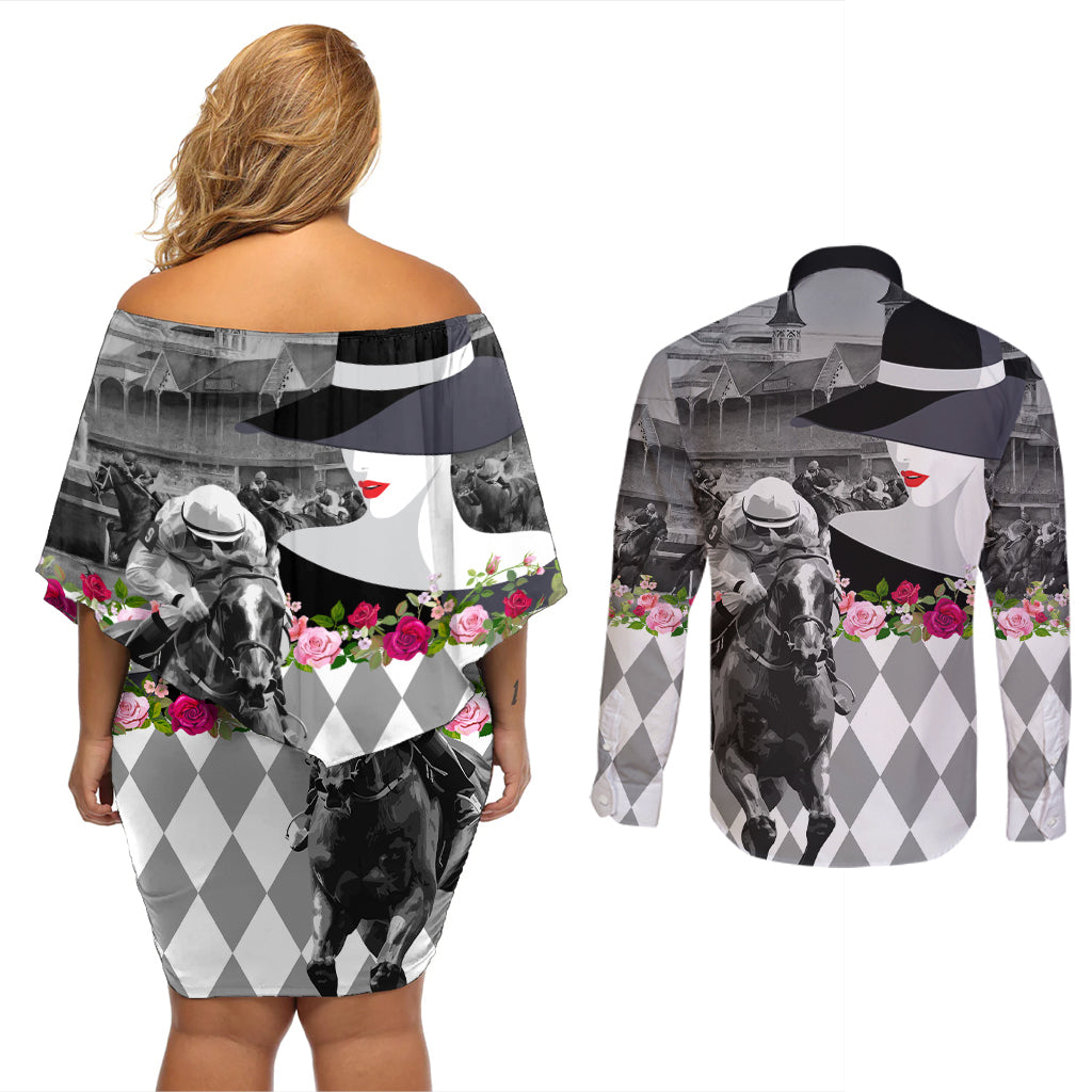 Kentucky Racing Horses Derby Hat Lady Couples Matching Off Shoulder Short Dress and Long Sleeve Button Shirt Churchill Downs and Roses Grayscale - Wonder Print Shop