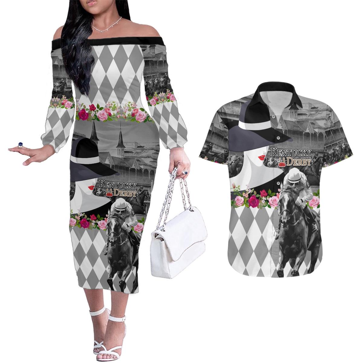 Kentucky Racing Horses Derby Hat Lady Couples Matching Off The Shoulder Long Sleeve Dress and Hawaiian Shirt Churchill Downs and Roses Grayscale - Wonder Print Shop