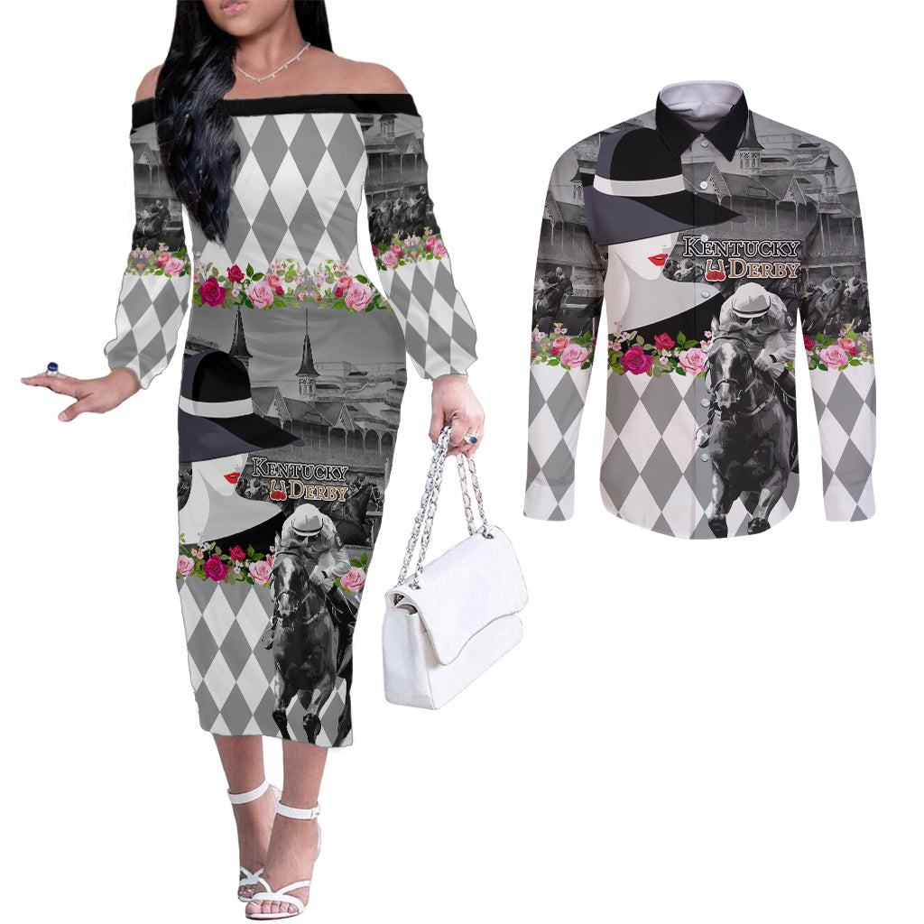 Kentucky Racing Horses Derby Hat Lady Couples Matching Off The Shoulder Long Sleeve Dress and Long Sleeve Button Shirt Churchill Downs and Roses Grayscale