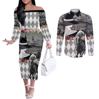 Kentucky Racing Horses Derby Hat Lady Couples Matching Off The Shoulder Long Sleeve Dress and Long Sleeve Button Shirt Churchill Downs and Roses Grayscale