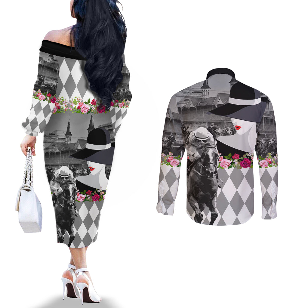 Kentucky Racing Horses Derby Hat Lady Couples Matching Off The Shoulder Long Sleeve Dress and Long Sleeve Button Shirt Churchill Downs and Roses Grayscale