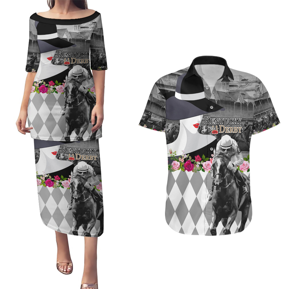 Kentucky Racing Horses Derby Hat Lady Couples Matching Puletasi and Hawaiian Shirt Churchill Downs and Roses Grayscale - Wonder Print Shop
