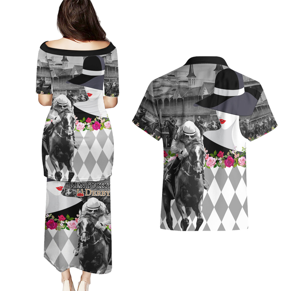 Kentucky Racing Horses Derby Hat Lady Couples Matching Puletasi and Hawaiian Shirt Churchill Downs and Roses Grayscale - Wonder Print Shop