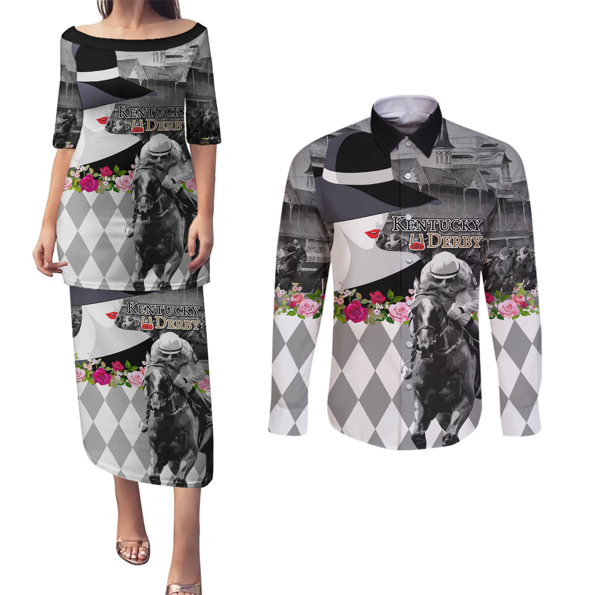 Kentucky Racing Horses Derby Hat Lady Couples Matching Puletasi and Long Sleeve Button Shirt Churchill Downs and Roses Grayscale - Wonder Print Shop