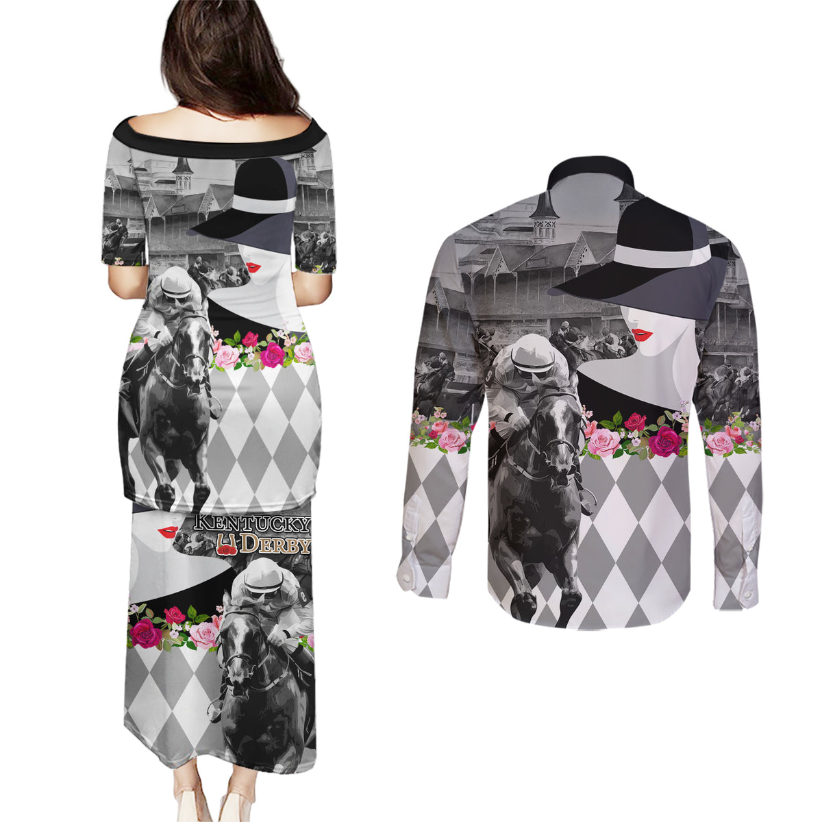 Kentucky Racing Horses Derby Hat Lady Couples Matching Puletasi and Long Sleeve Button Shirt Churchill Downs and Roses Grayscale - Wonder Print Shop