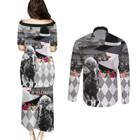 Kentucky Racing Horses Derby Hat Lady Couples Matching Puletasi and Long Sleeve Button Shirt Churchill Downs and Roses Grayscale - Wonder Print Shop