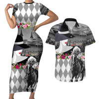Kentucky Racing Horses Derby Hat Lady Couples Matching Short Sleeve Bodycon Dress and Hawaiian Shirt Churchill Downs and Roses Grayscale LT03