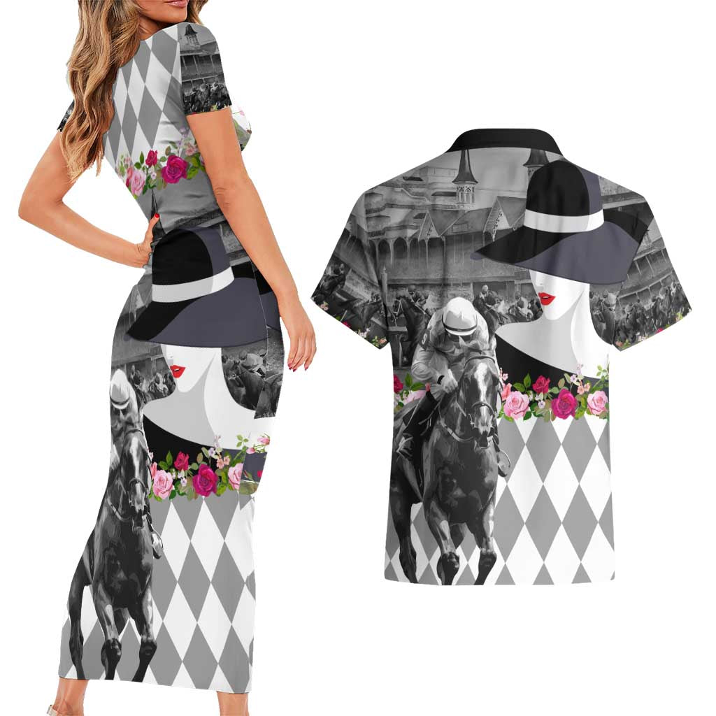Kentucky Racing Horses Derby Hat Lady Couples Matching Short Sleeve Bodycon Dress and Hawaiian Shirt Churchill Downs and Roses Grayscale LT03