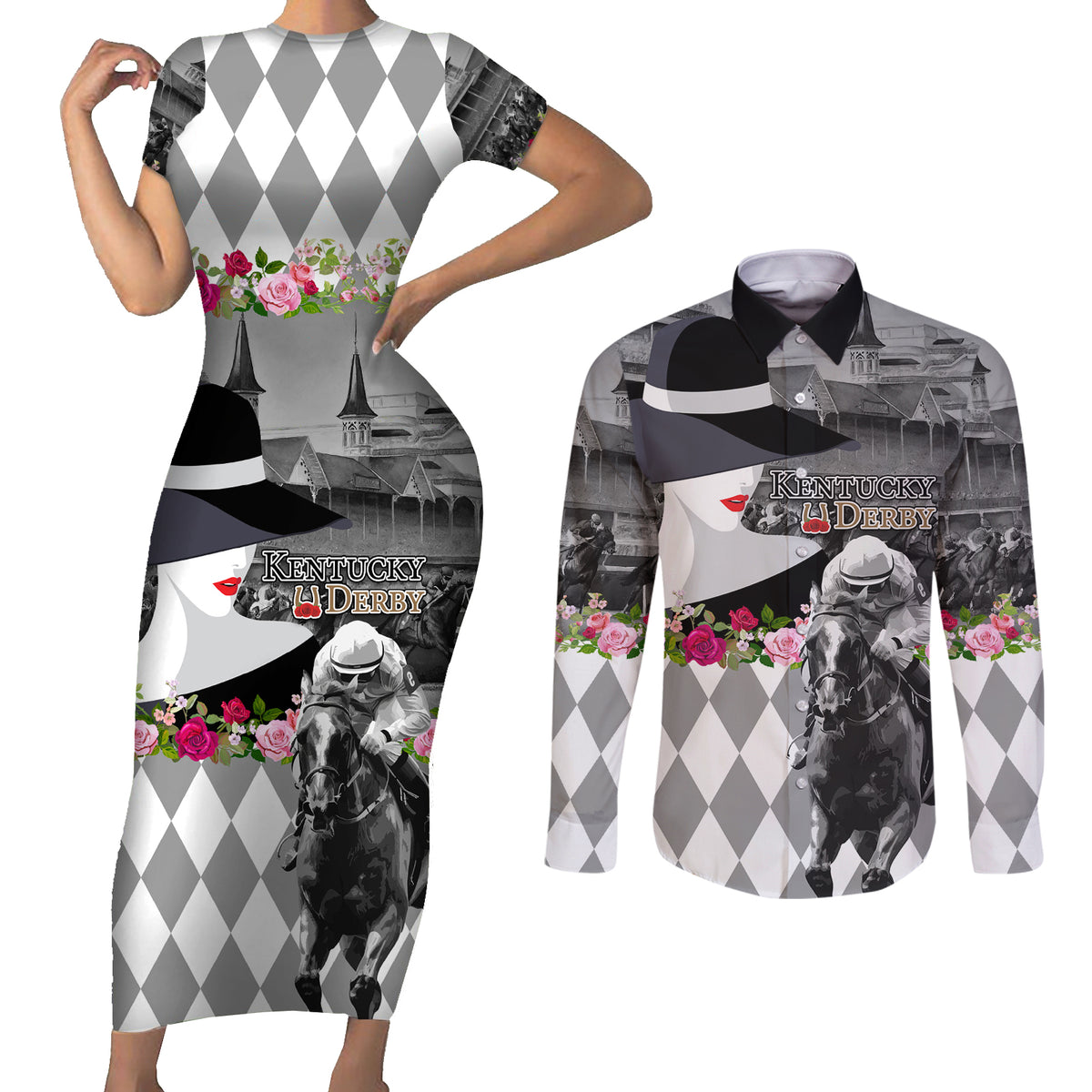 Kentucky Racing Horses Derby Hat Lady Couples Matching Short Sleeve Bodycon Dress and Long Sleeve Button Shirt Churchill Downs and Roses Grayscale - Wonder Print Shop