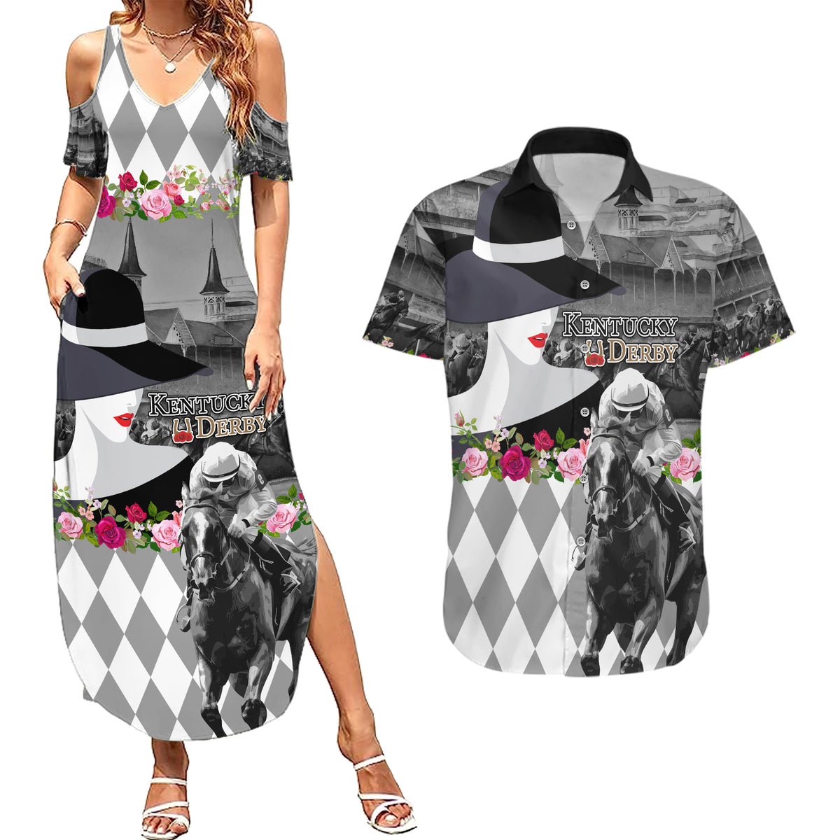Kentucky Racing Horses Derby Hat Lady Couples Matching Summer Maxi Dress and Hawaiian Shirt Churchill Downs and Roses Grayscale - Wonder Print Shop