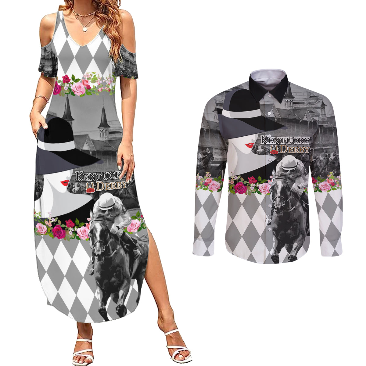 Kentucky Racing Horses Derby Hat Lady Couples Matching Summer Maxi Dress and Long Sleeve Button Shirt Churchill Downs and Roses Grayscale - Wonder Print Shop