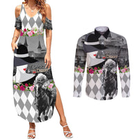 Kentucky Racing Horses Derby Hat Lady Couples Matching Summer Maxi Dress and Long Sleeve Button Shirt Churchill Downs and Roses Grayscale - Wonder Print Shop