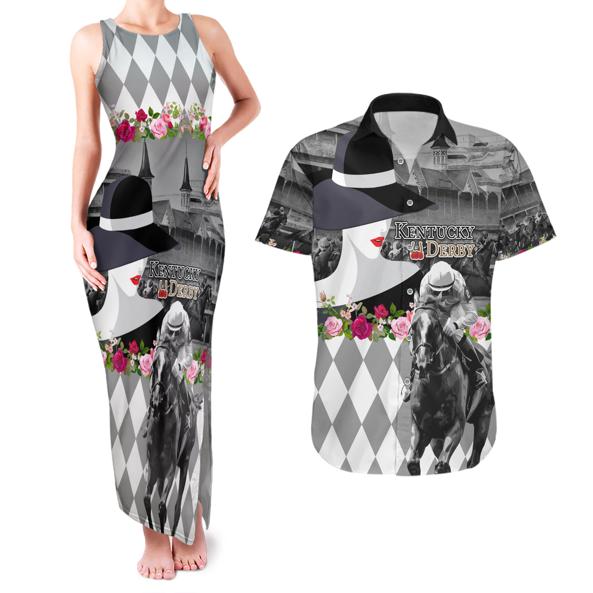 Kentucky Racing Horses Derby Hat Lady Couples Matching Tank Maxi Dress and Hawaiian Shirt Churchill Downs and Roses Grayscale - Wonder Print Shop