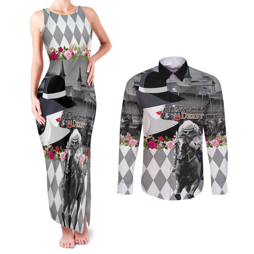 Kentucky Racing Horses Derby Hat Lady Couples Matching Tank Maxi Dress and Long Sleeve Button Shirt Churchill Downs and Roses Grayscale - Wonder Print Shop