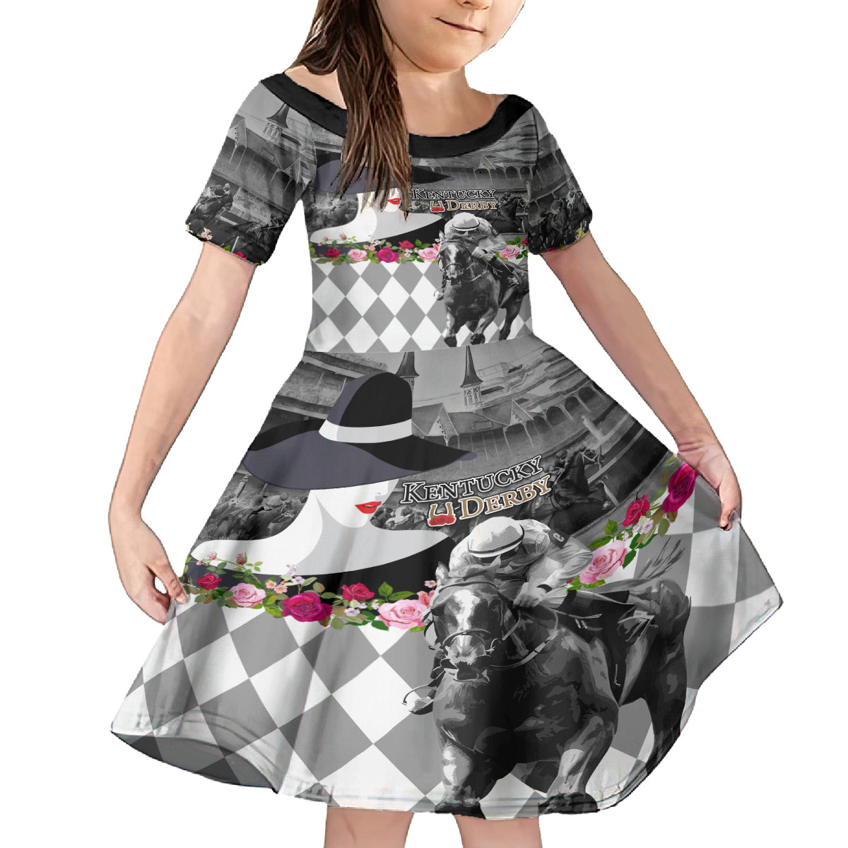 Kentucky Racing Horses Derby Hat Lady Family Matching Long Sleeve Bodycon Dress and Hawaiian Shirt Churchill Downs and Roses Grayscale - Wonder Print Shop