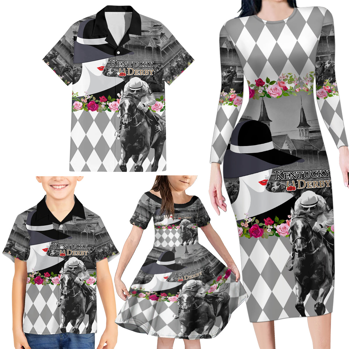Kentucky Racing Horses Derby Hat Lady Family Matching Long Sleeve Bodycon Dress and Hawaiian Shirt Churchill Downs and Roses Grayscale - Wonder Print Shop