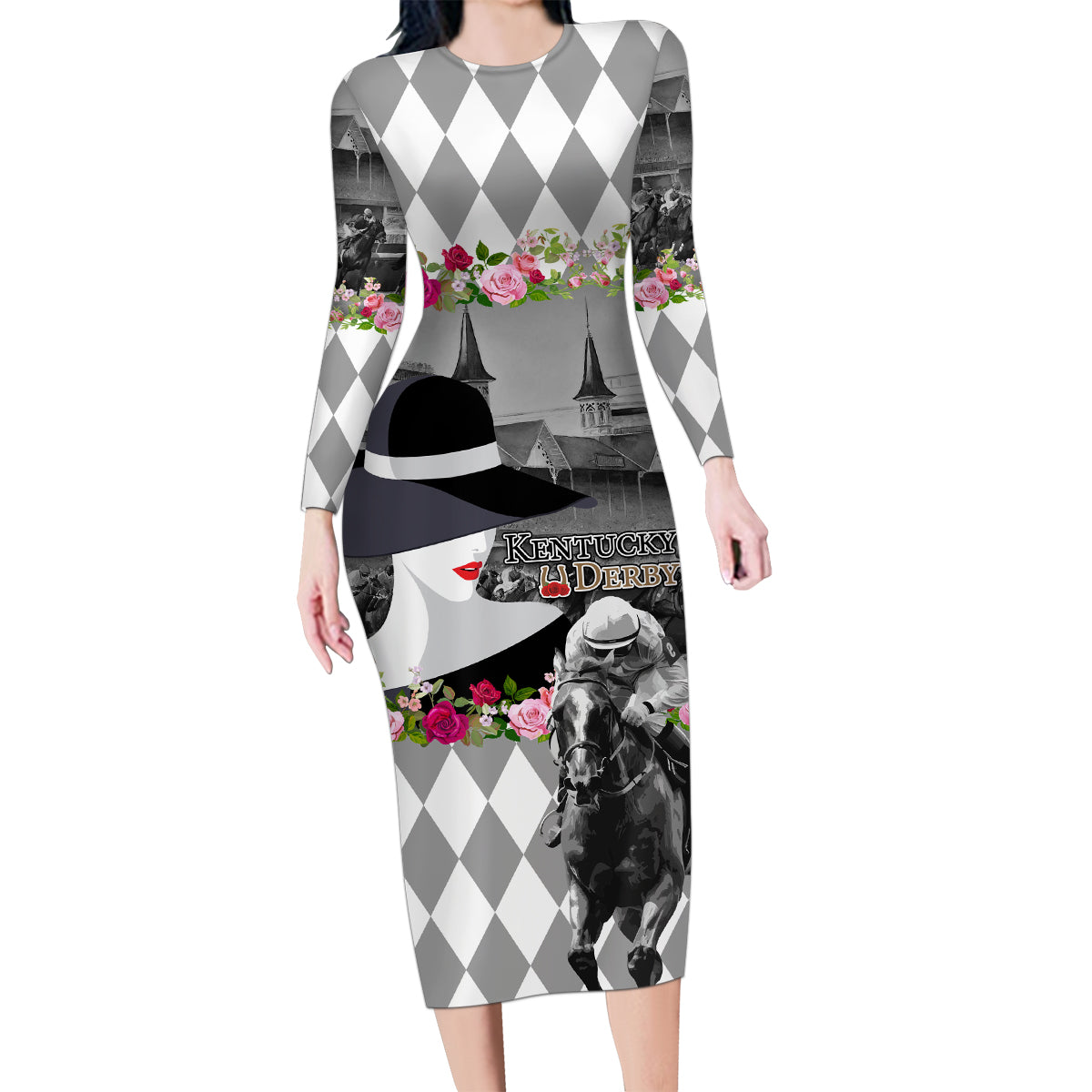 Kentucky Racing Horses Derby Hat Lady Family Matching Long Sleeve Bodycon Dress and Hawaiian Shirt Churchill Downs and Roses Grayscale - Wonder Print Shop