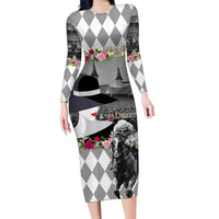 Kentucky Racing Horses Derby Hat Lady Family Matching Long Sleeve Bodycon Dress and Hawaiian Shirt Churchill Downs and Roses Grayscale - Wonder Print Shop