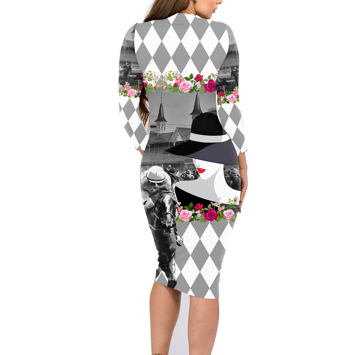 Kentucky Racing Horses Derby Hat Lady Family Matching Long Sleeve Bodycon Dress and Hawaiian Shirt Churchill Downs and Roses Grayscale - Wonder Print Shop