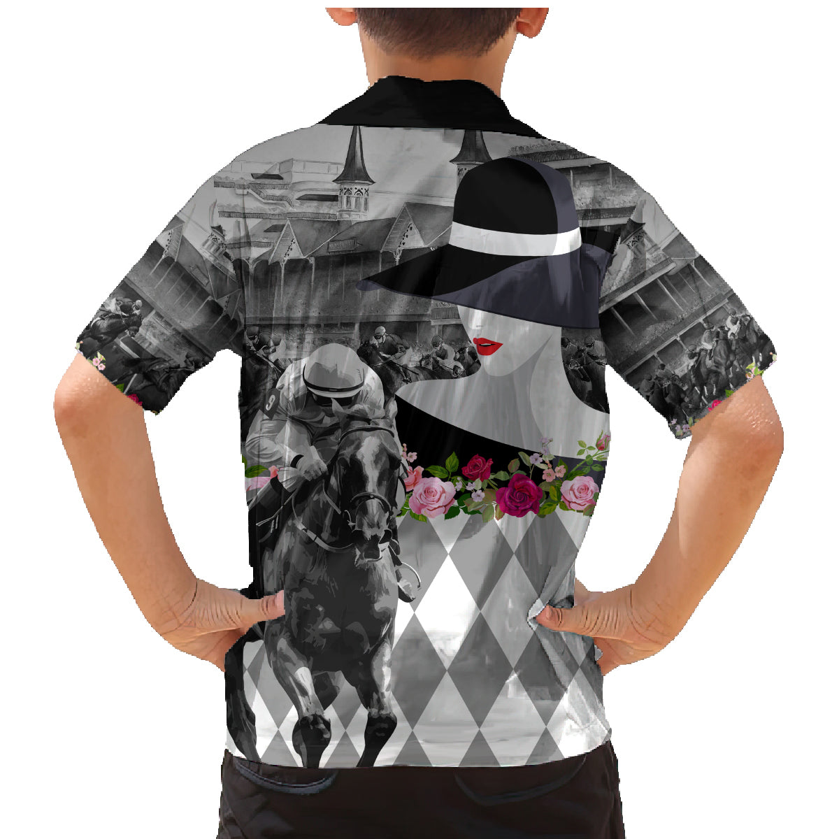 Kentucky Racing Horses Derby Hat Lady Family Matching Mermaid Dress and Hawaiian Shirt Churchill Downs and Roses Grayscale - Wonder Print Shop