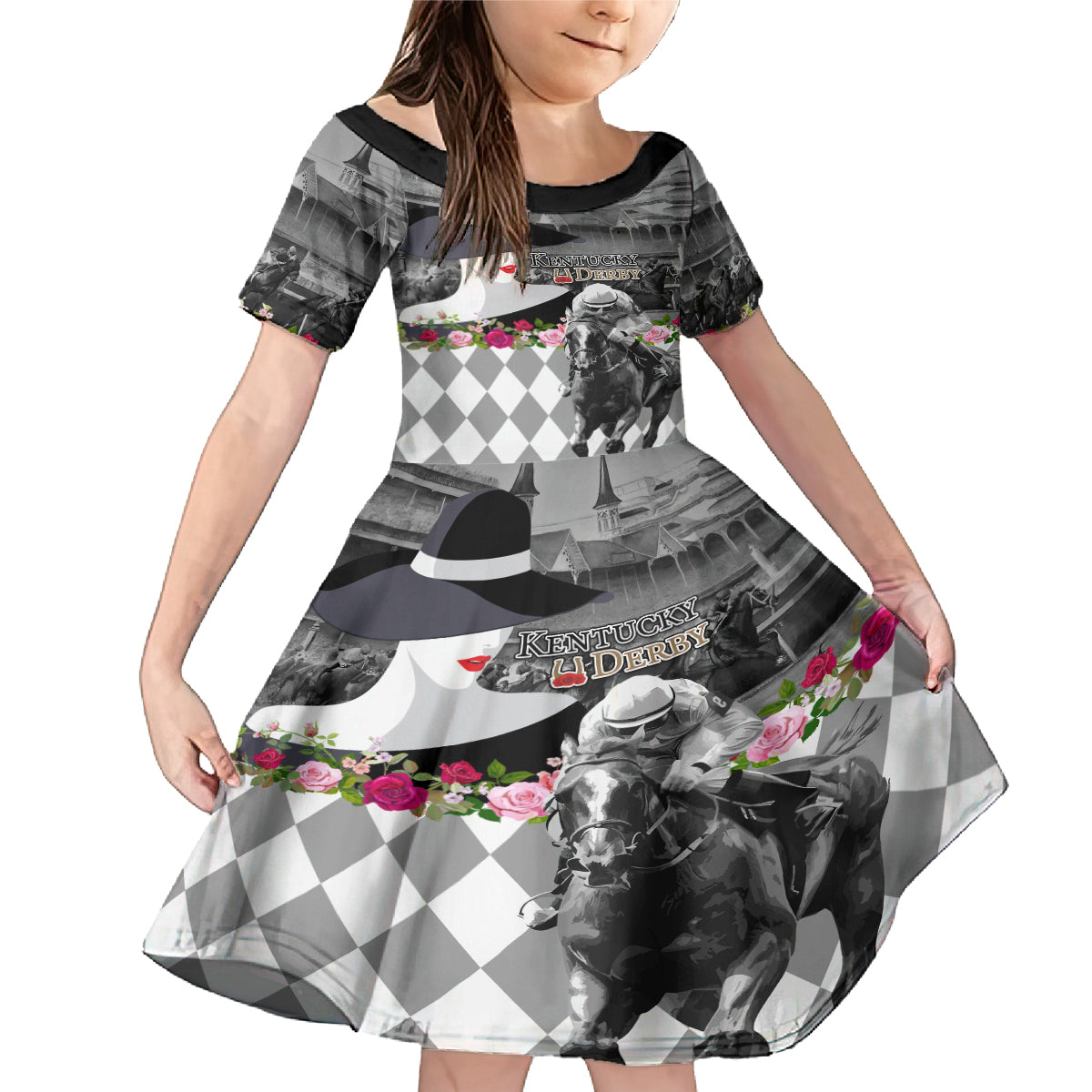 Kentucky Racing Horses Derby Hat Lady Family Matching Mermaid Dress and Hawaiian Shirt Churchill Downs and Roses Grayscale - Wonder Print Shop