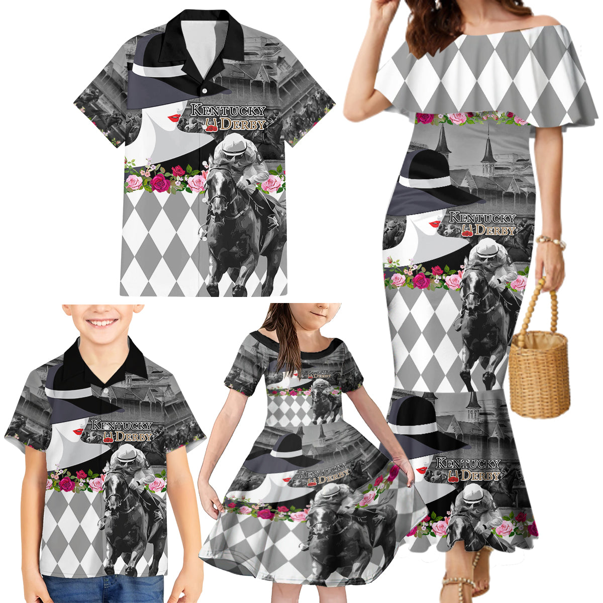 Kentucky Racing Horses Derby Hat Lady Family Matching Mermaid Dress and Hawaiian Shirt Churchill Downs and Roses Grayscale - Wonder Print Shop