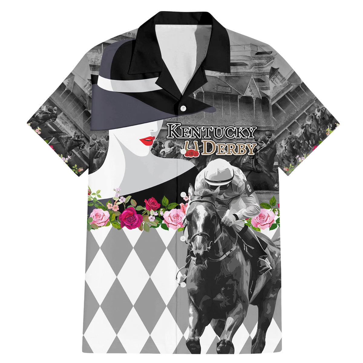 Kentucky Racing Horses Derby Hat Lady Family Matching Mermaid Dress and Hawaiian Shirt Churchill Downs and Roses Grayscale - Wonder Print Shop