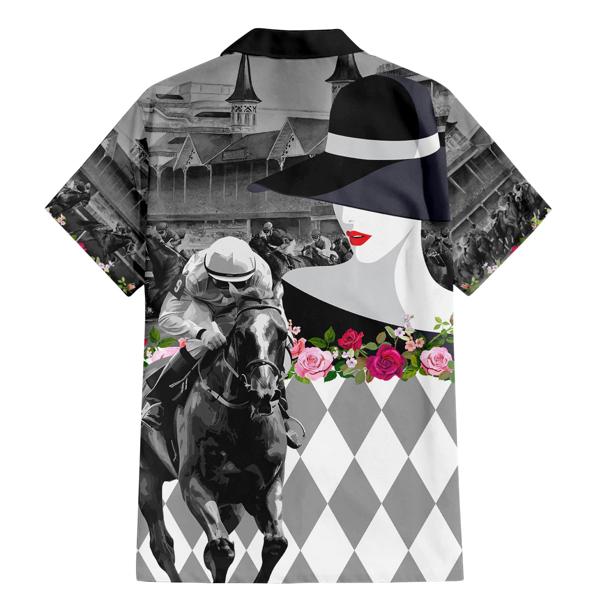 Kentucky Racing Horses Derby Hat Lady Family Matching Mermaid Dress and Hawaiian Shirt Churchill Downs and Roses Grayscale - Wonder Print Shop