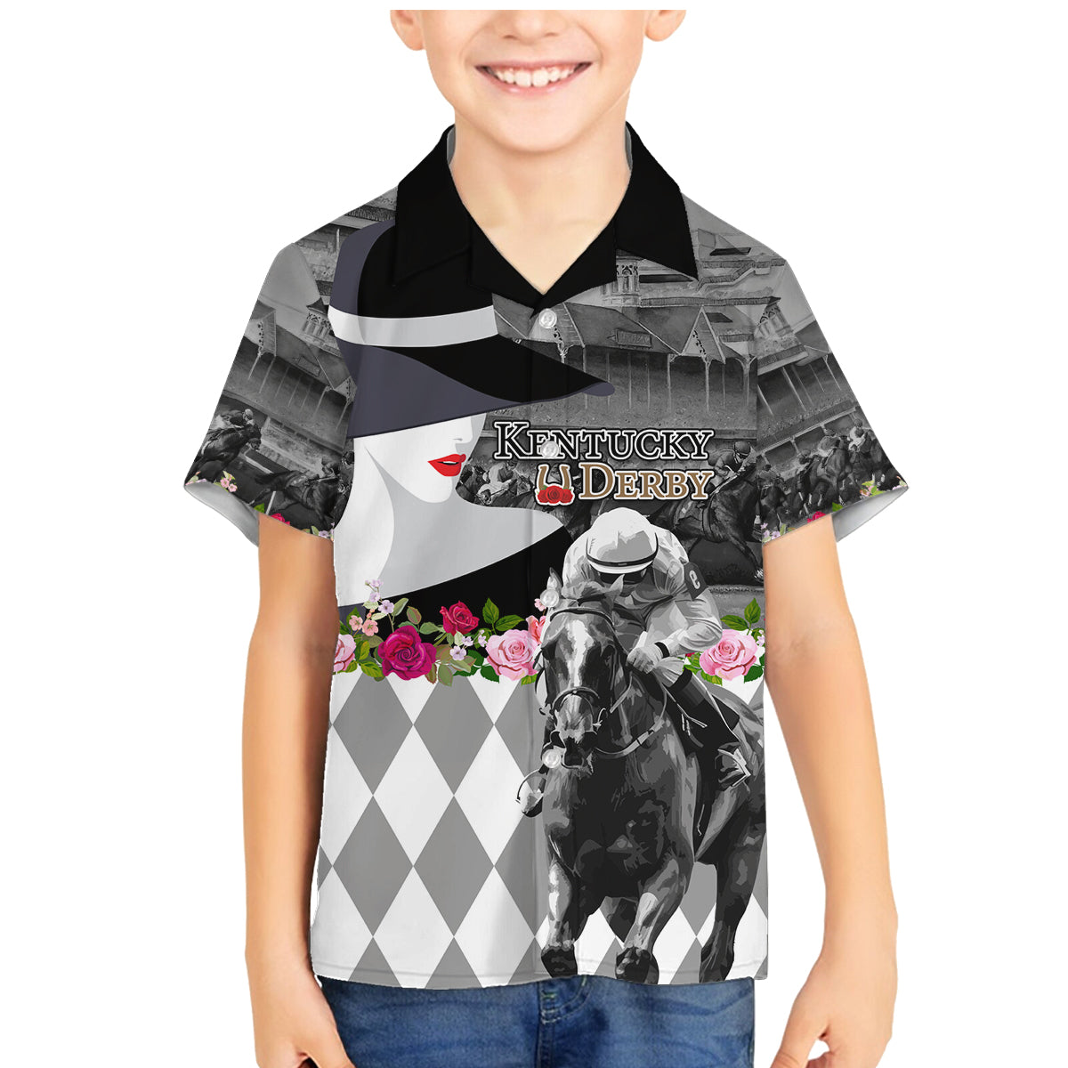Kentucky Racing Horses Derby Hat Lady Family Matching Mermaid Dress and Hawaiian Shirt Churchill Downs and Roses Grayscale - Wonder Print Shop
