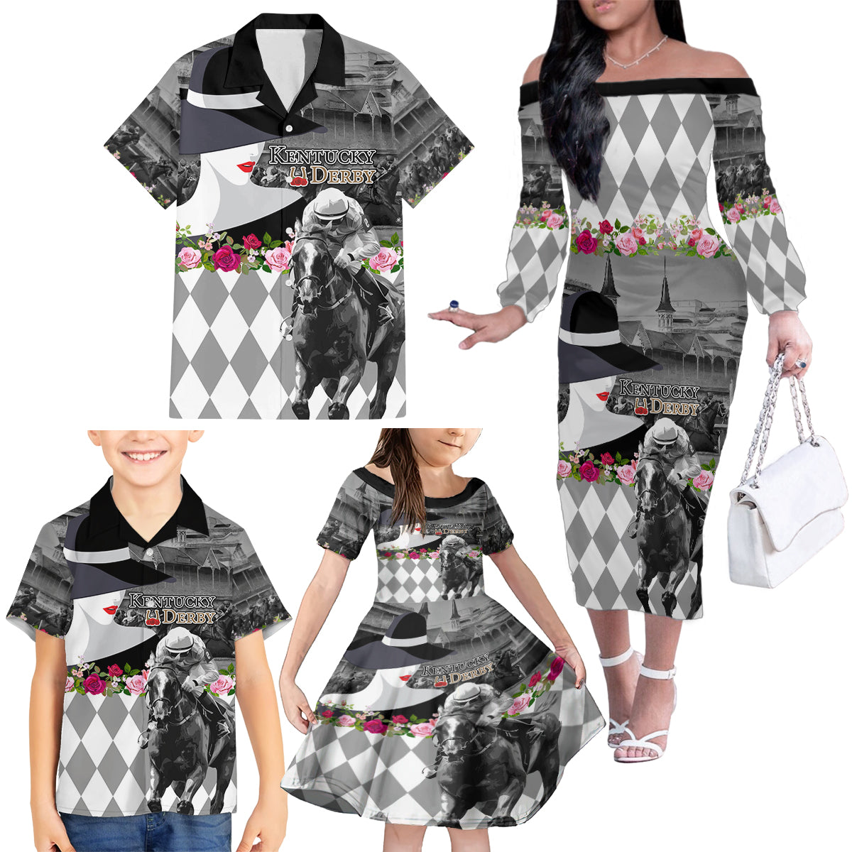 Kentucky Racing Horses Derby Hat Lady Family Matching Off The Shoulder Long Sleeve Dress and Hawaiian Shirt Churchill Downs and Roses Grayscale - Wonder Print Shop
