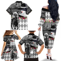 Kentucky Racing Horses Derby Hat Lady Family Matching Off The Shoulder Long Sleeve Dress and Hawaiian Shirt Churchill Downs and Roses Grayscale - Wonder Print Shop