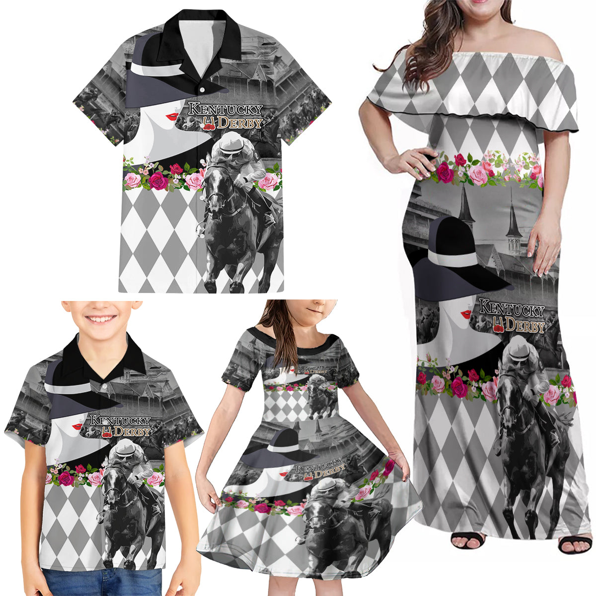 Kentucky Racing Horses Derby Hat Lady Family Matching Off Shoulder Maxi Dress and Hawaiian Shirt Churchill Downs and Roses Grayscale - Wonder Print Shop