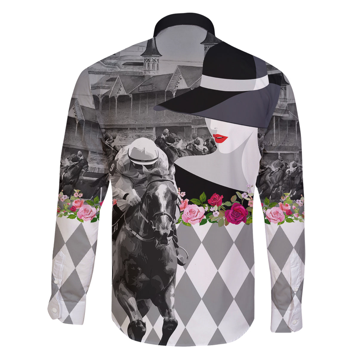 Kentucky Racing Horses Derby Hat Lady Family Matching Off Shoulder Maxi Dress and Hawaiian Shirt Churchill Downs and Roses Grayscale - Wonder Print Shop