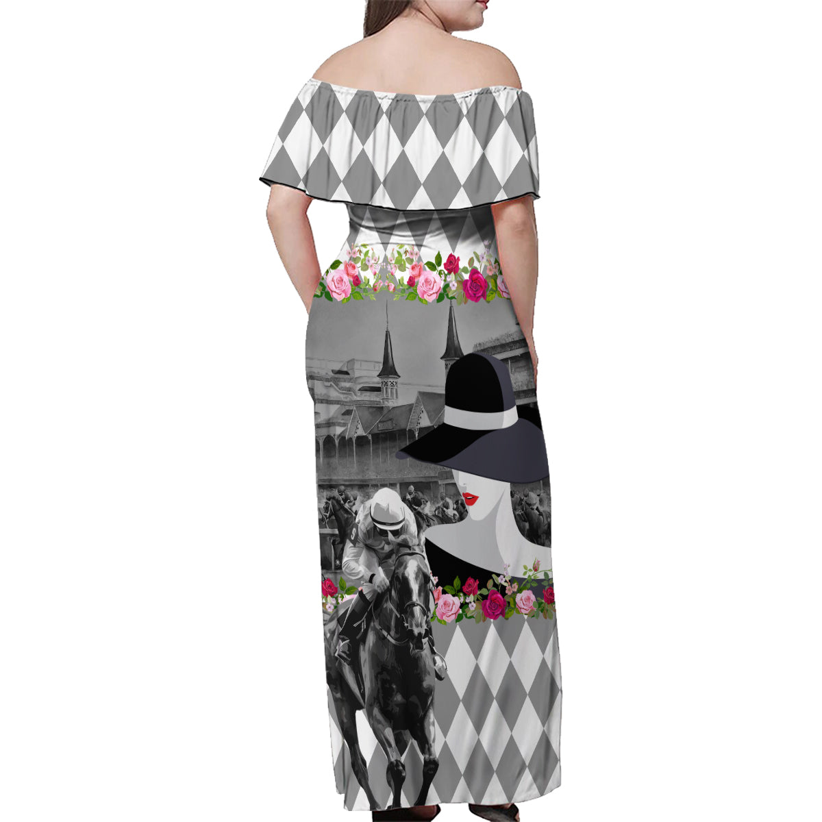 Kentucky Racing Horses Derby Hat Lady Family Matching Off Shoulder Maxi Dress and Hawaiian Shirt Churchill Downs and Roses Grayscale - Wonder Print Shop