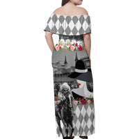 Kentucky Racing Horses Derby Hat Lady Family Matching Off Shoulder Maxi Dress and Hawaiian Shirt Churchill Downs and Roses Grayscale - Wonder Print Shop
