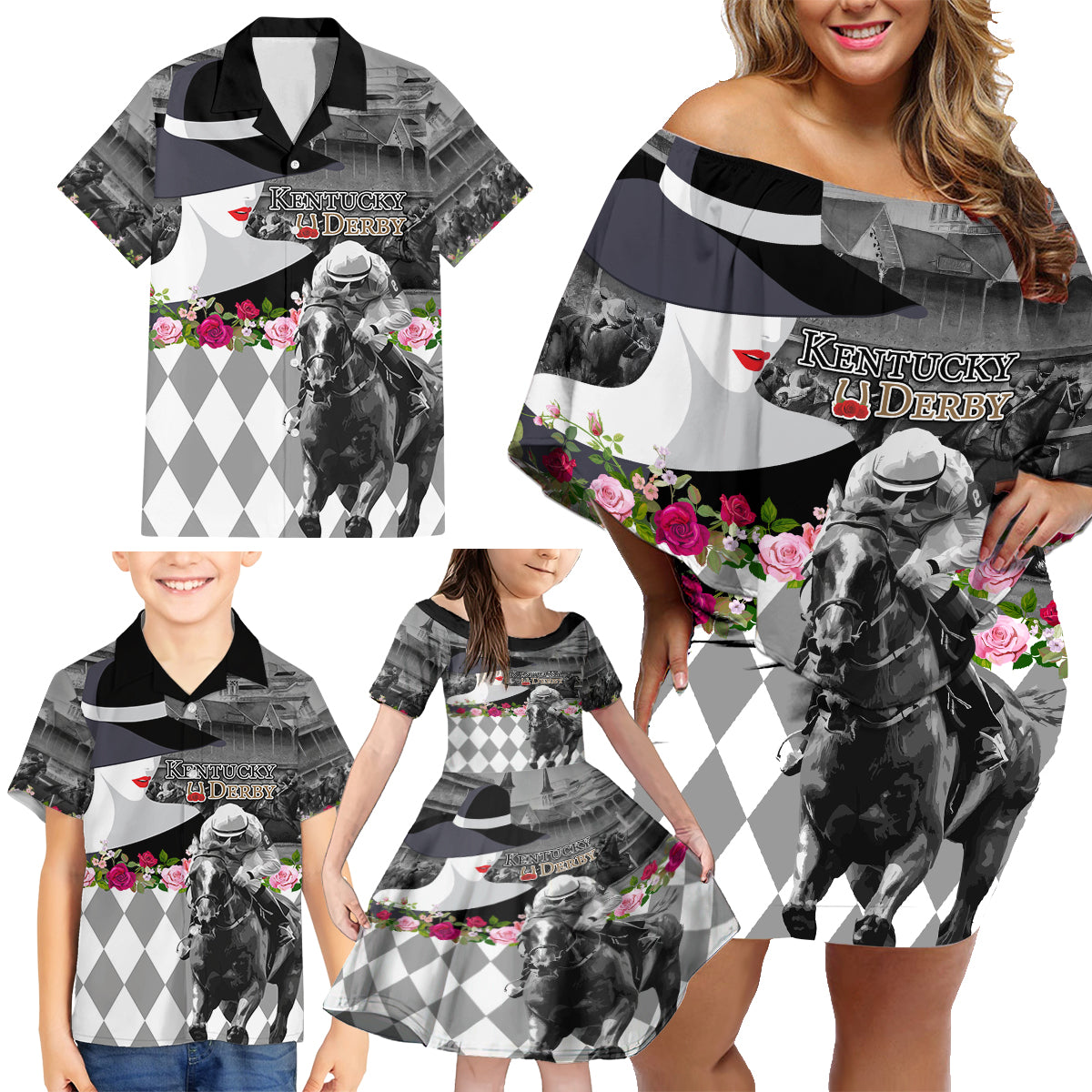 Kentucky Racing Horses Derby Hat Lady Family Matching Off Shoulder Short Dress and Hawaiian Shirt Churchill Downs and Roses Grayscale - Wonder Print Shop