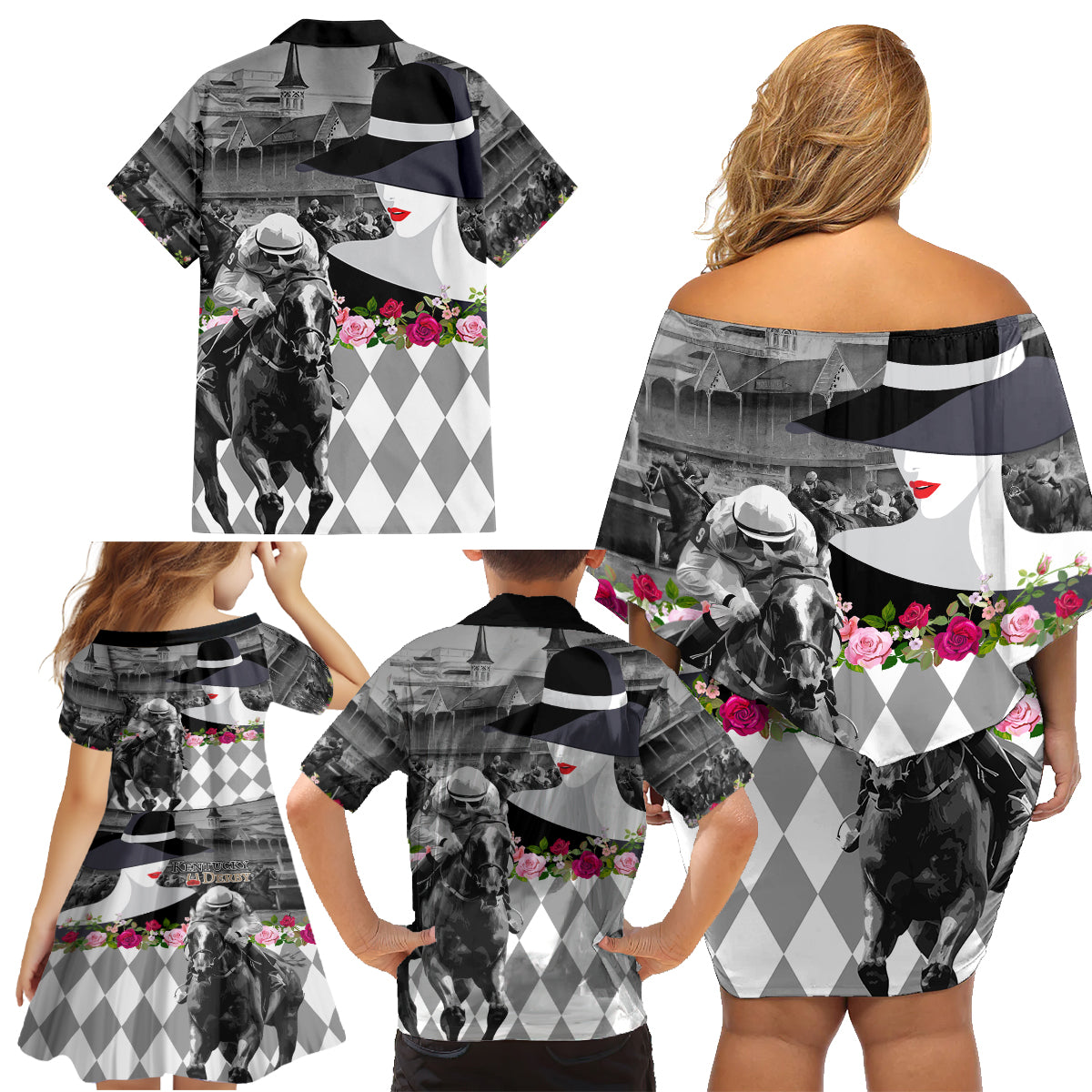 Kentucky Racing Horses Derby Hat Lady Family Matching Off Shoulder Short Dress and Hawaiian Shirt Churchill Downs and Roses Grayscale - Wonder Print Shop