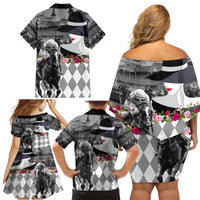 Kentucky Racing Horses Derby Hat Lady Family Matching Off Shoulder Short Dress and Hawaiian Shirt Churchill Downs and Roses Grayscale - Wonder Print Shop