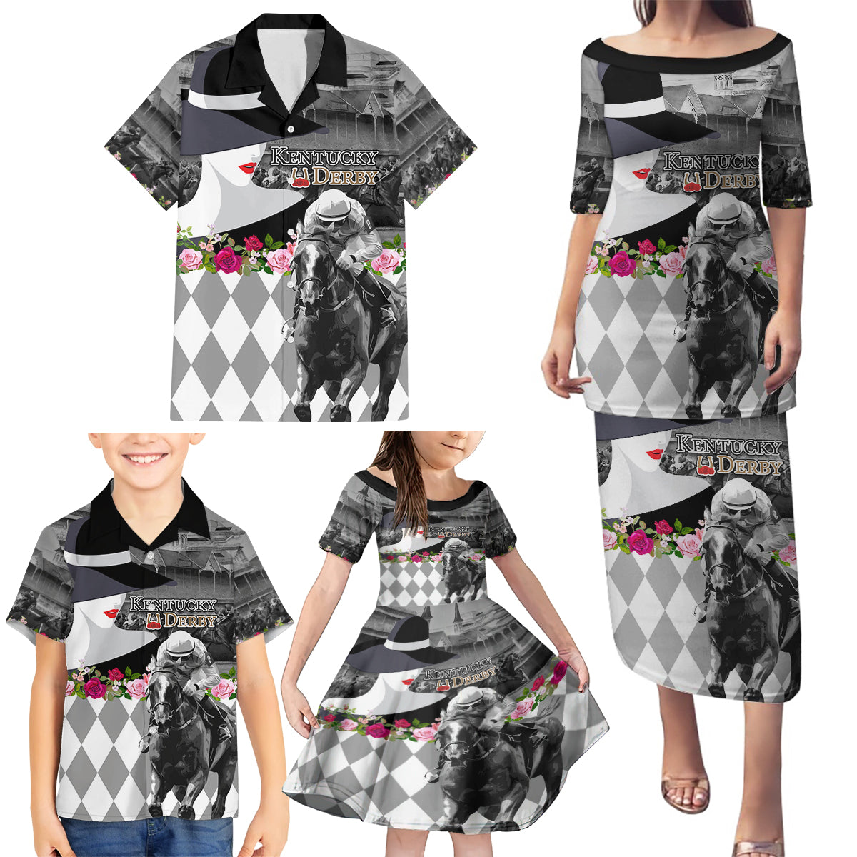 Kentucky Racing Horses Derby Hat Lady Family Matching Puletasi and Hawaiian Shirt Churchill Downs and Roses Grayscale - Wonder Print Shop