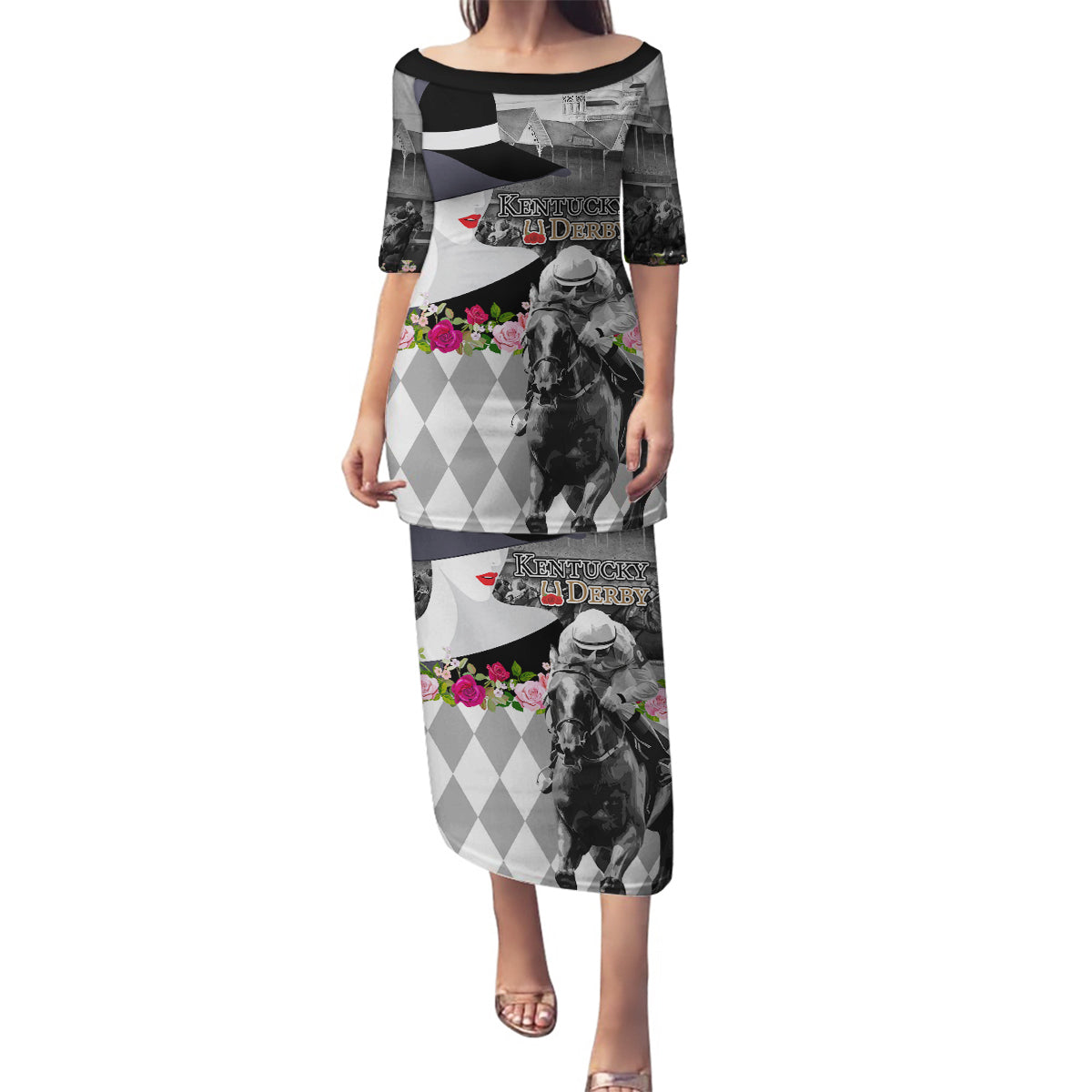 Kentucky Racing Horses Derby Hat Lady Family Matching Puletasi and Hawaiian Shirt Churchill Downs and Roses Grayscale - Wonder Print Shop