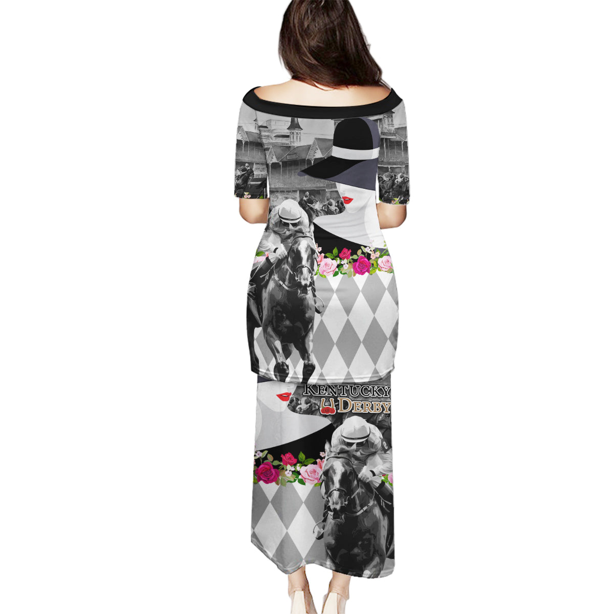 Kentucky Racing Horses Derby Hat Lady Family Matching Puletasi and Hawaiian Shirt Churchill Downs and Roses Grayscale - Wonder Print Shop