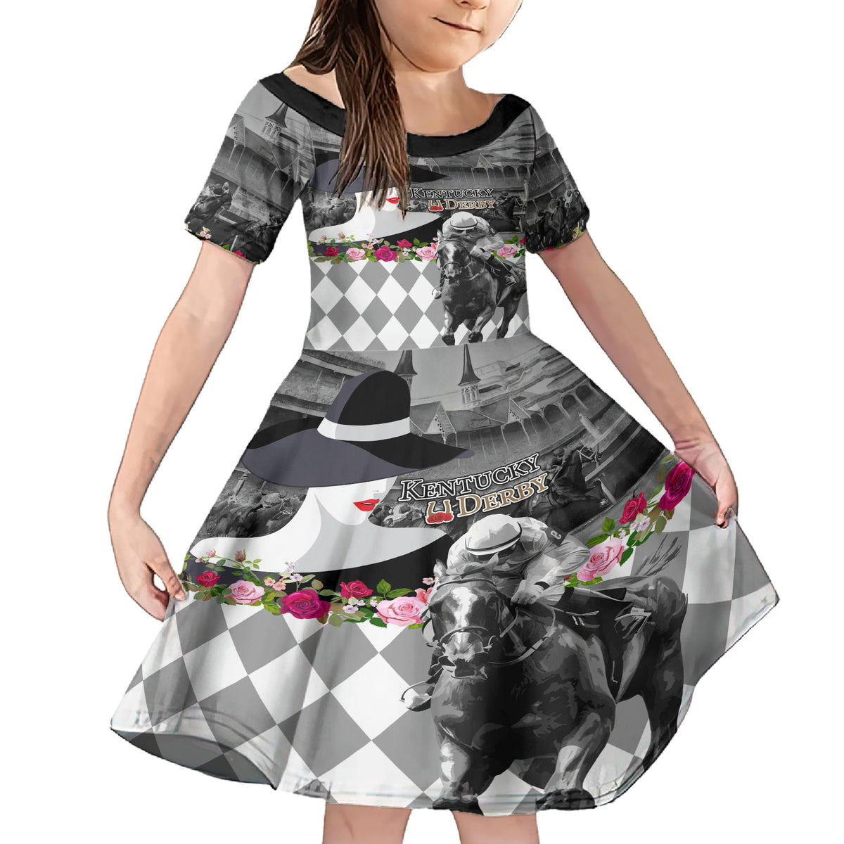 Kentucky Racing Horses Derby Hat Lady Family Matching Short Sleeve Bodycon Dress and Hawaiian Shirt Churchill Downs and Roses Grayscale - Wonder Print Shop