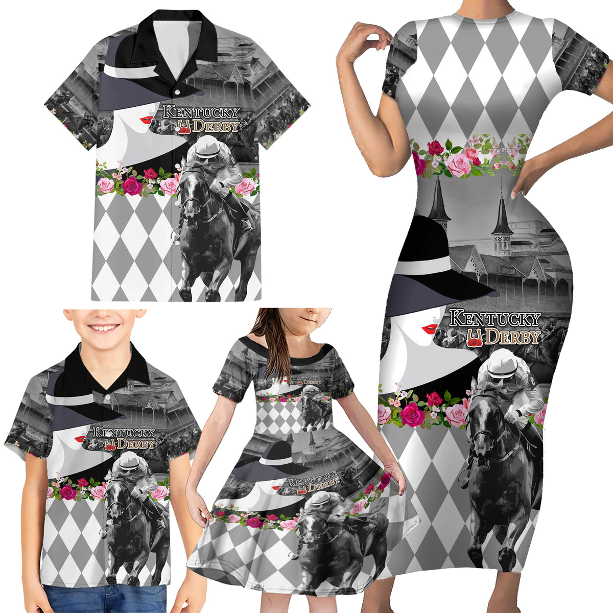 Kentucky Racing Horses Derby Hat Lady Family Matching Short Sleeve Bodycon Dress and Hawaiian Shirt Churchill Downs and Roses Grayscale - Wonder Print Shop