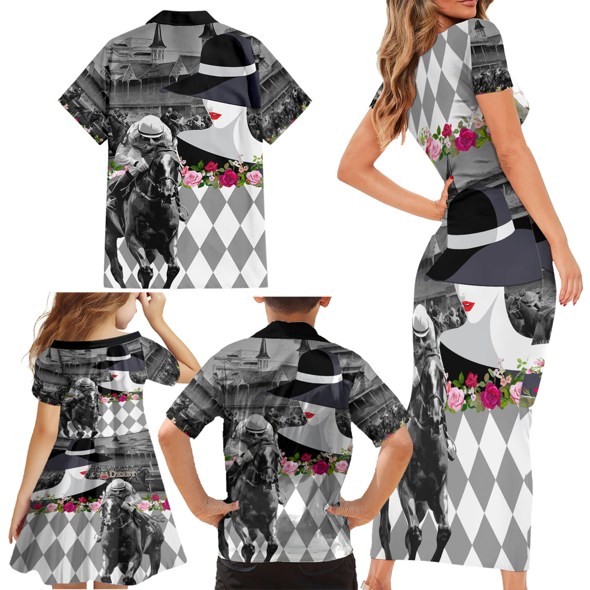 Kentucky Racing Horses Derby Hat Lady Family Matching Short Sleeve Bodycon Dress and Hawaiian Shirt Churchill Downs and Roses Grayscale - Wonder Print Shop